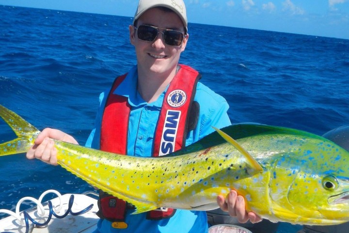 a person holding a fish swimming under water