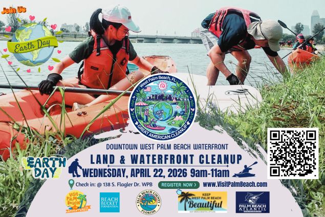 Two people in kayaks during water cleanup for Earth Day event with promotional details and logos visible.