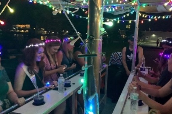 a woman standing in front of a stage
