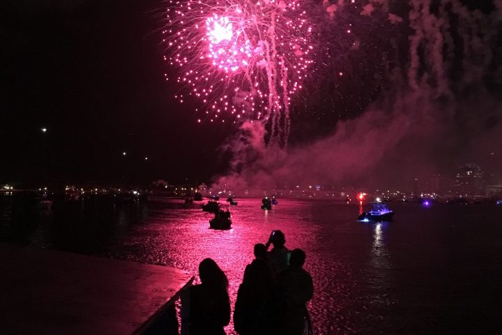 fireworks in the night sky over a body of water