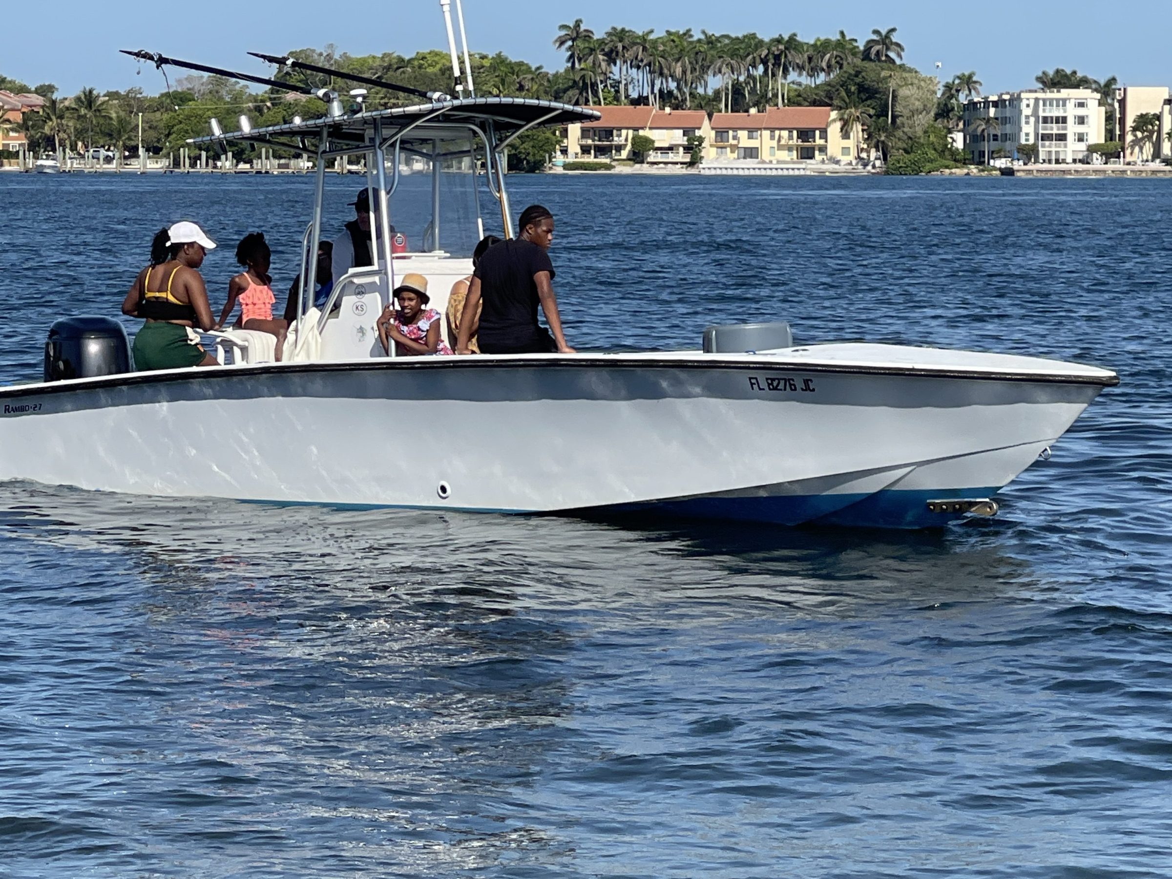 a group of people in a small boat in a body of water