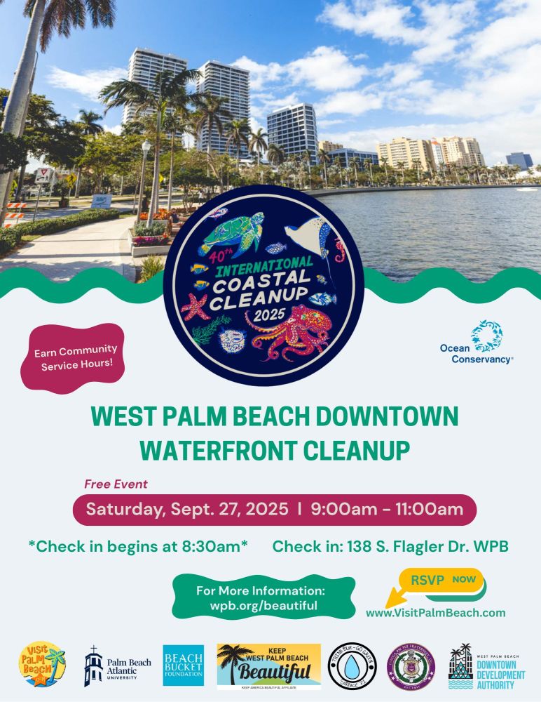 Flyer for International Coastal Cleanup 2025 event in West Palm Beach, showing cityscape and event details.