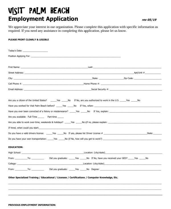 Job Application Form for Visit Palm Beach