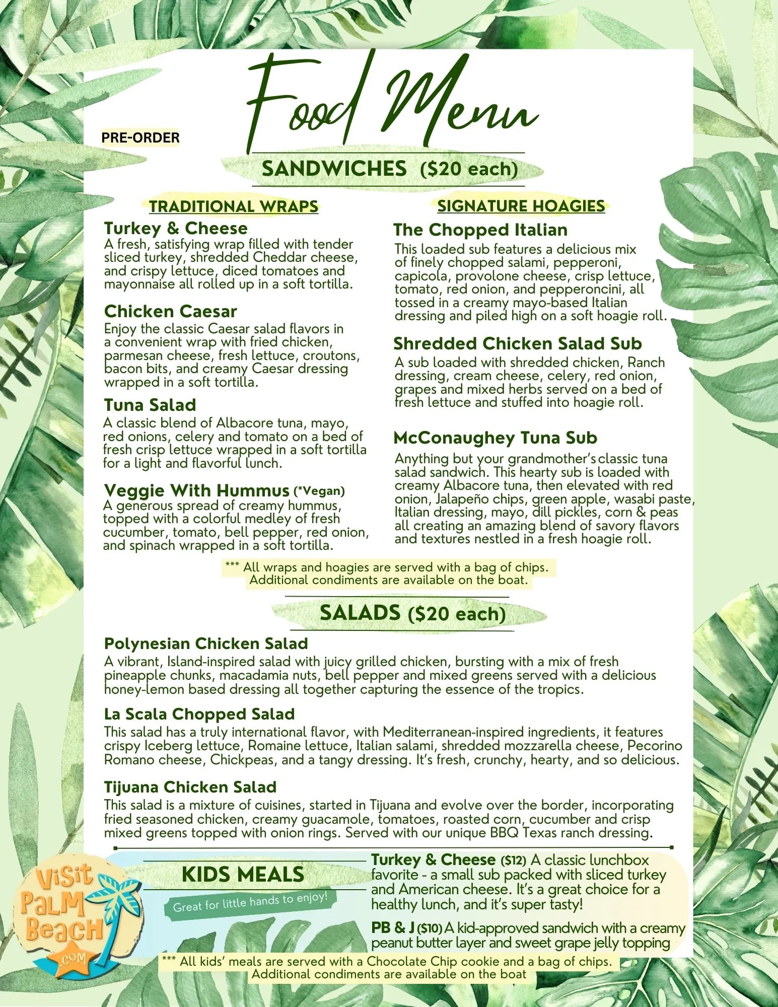 food menu pre orders April 2025 Food Menu pre orders available onboard Catamarans