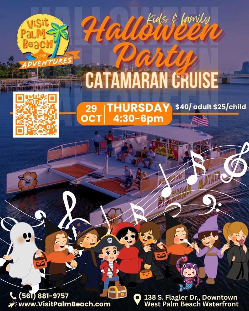 Halloween-themed catamaran cruise poster with kids in costumes and event details.