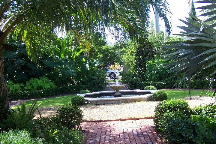 Brick path through garden with fountain, surrounded by palm trees and lush greenery.