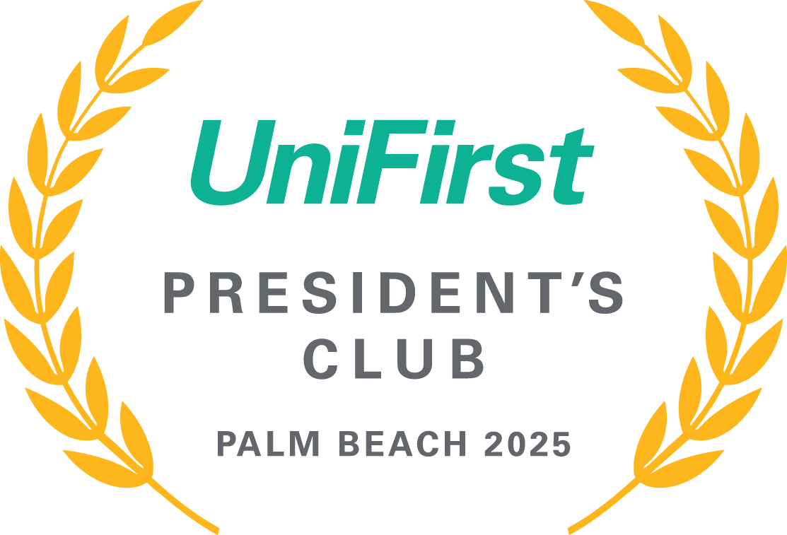 UniFirst President's Club Palm Beach 2025 logo with gold laurel wreaths.