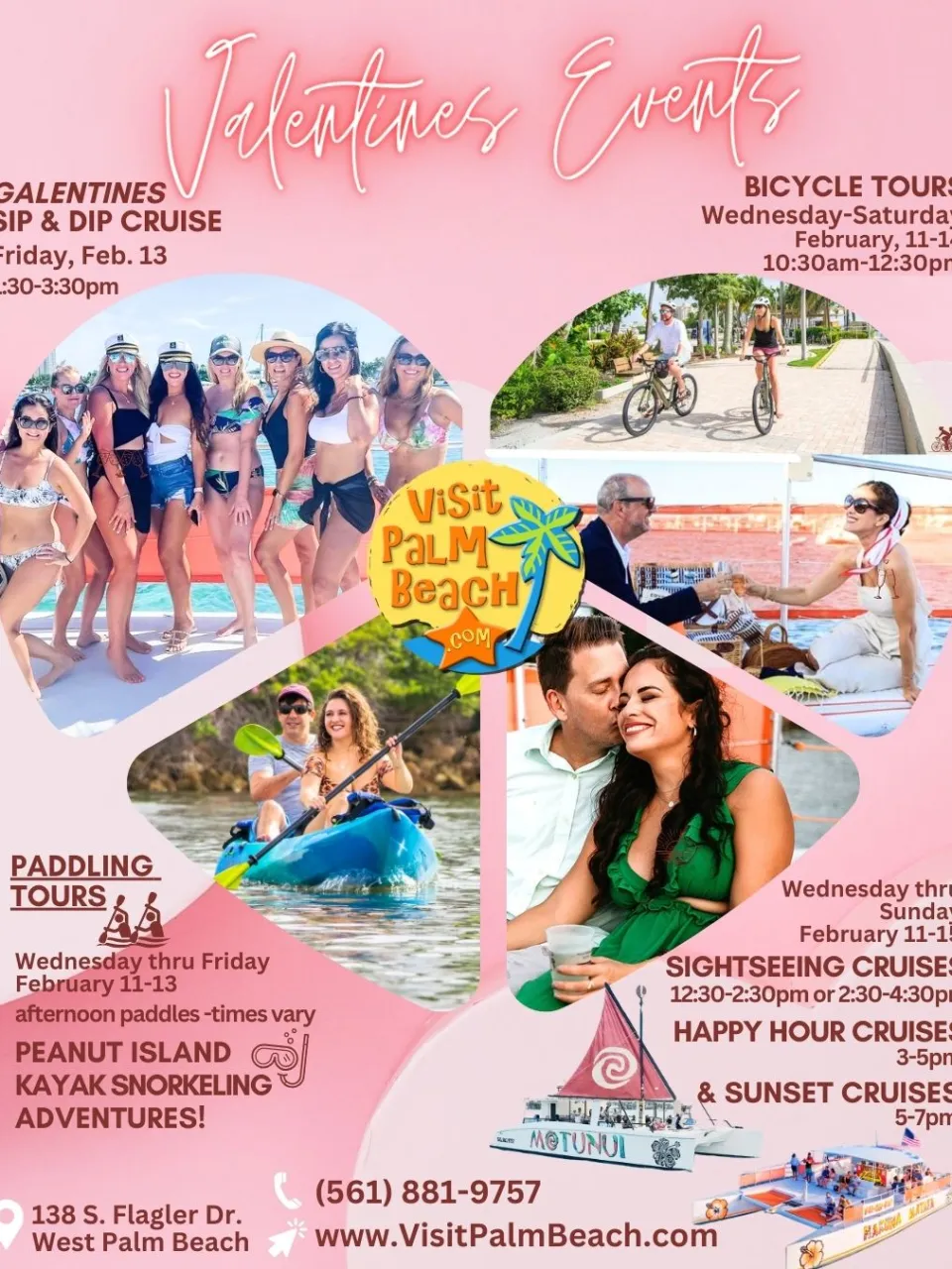 Valentine's events poster with cruise, bicycle, and paddling tours in West Palm Beach.