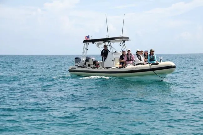 Small motorboat with six people on open sea under clear sky.