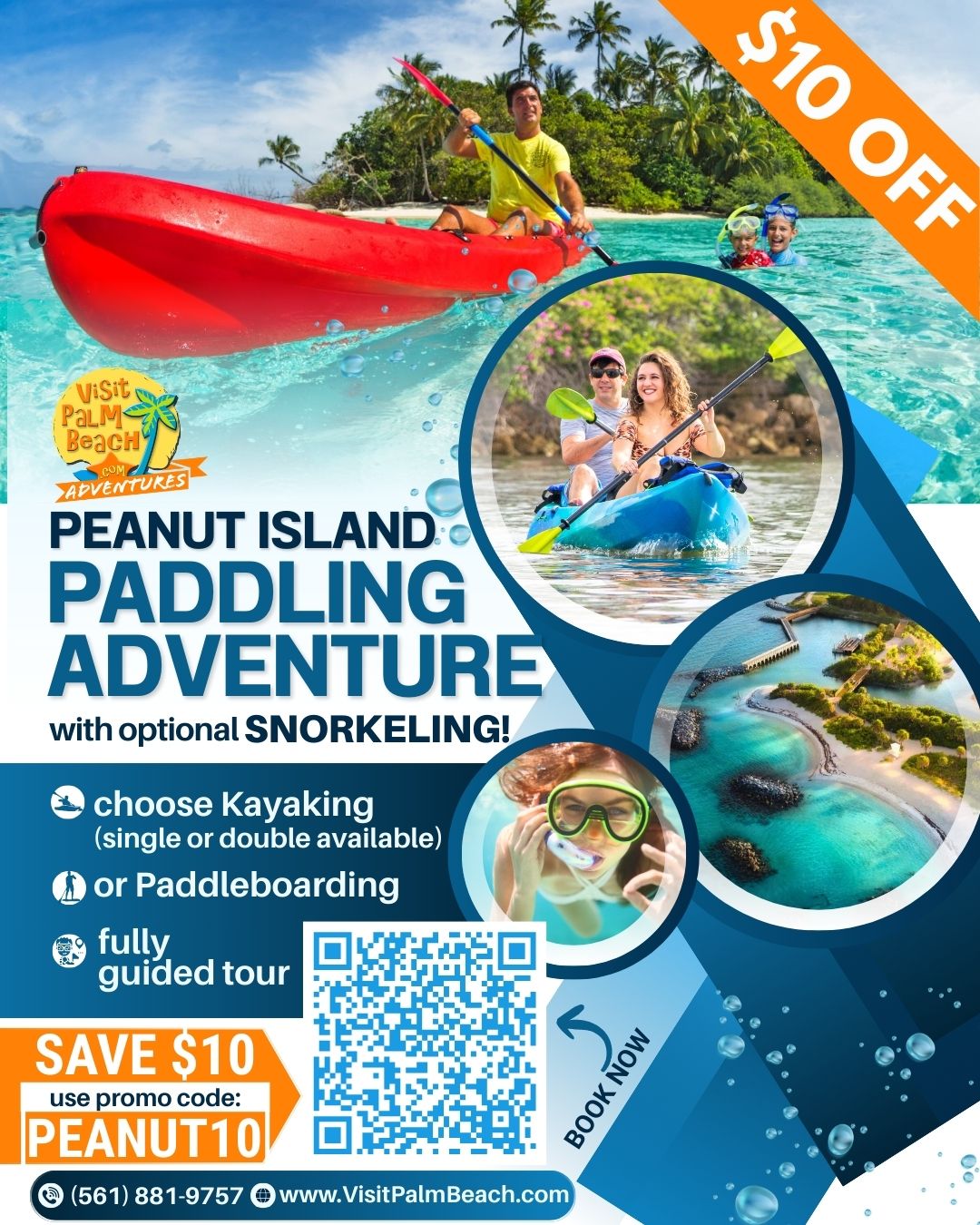 Peanut Island paddling adventure flyer with kayaking, snorkeling, and $10 off promo code: PEANUT10.