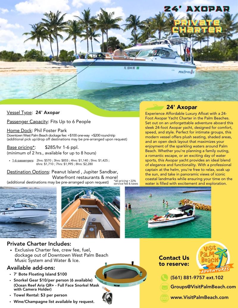 Flyer for 24' Axopar private charter with images of boat, sunset, fishing, and snorkeling gear.