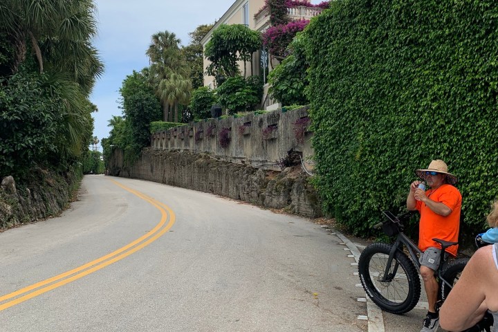 People with bikes on a curved road lined with greenery and a house.