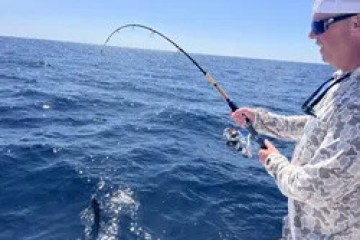 Person fishing on a boat, holding a rod with a fish near the water's surface.
