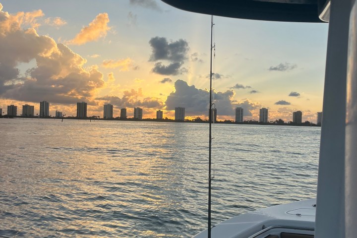 Boat at sunset on water, city skyline visible in background.