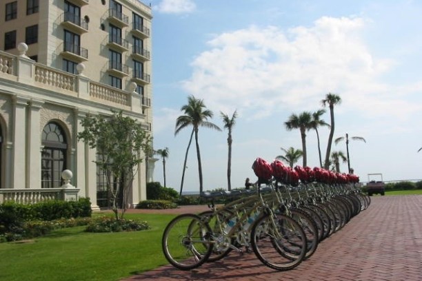 Line of bicycles on brick path beside hotel with palm trees and blue sky.