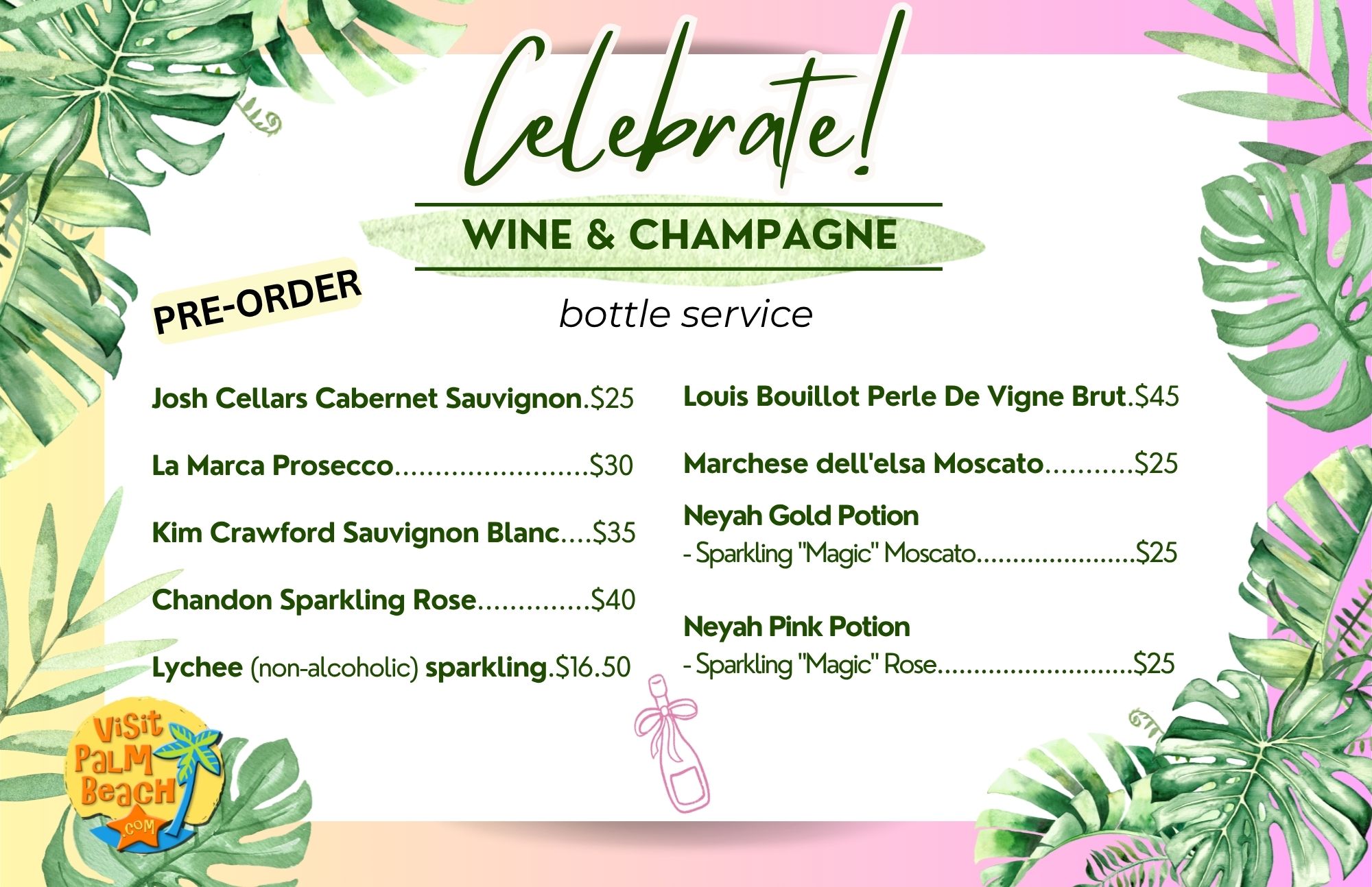 Tropical-themed wine and champagne menu with drink names and prices.