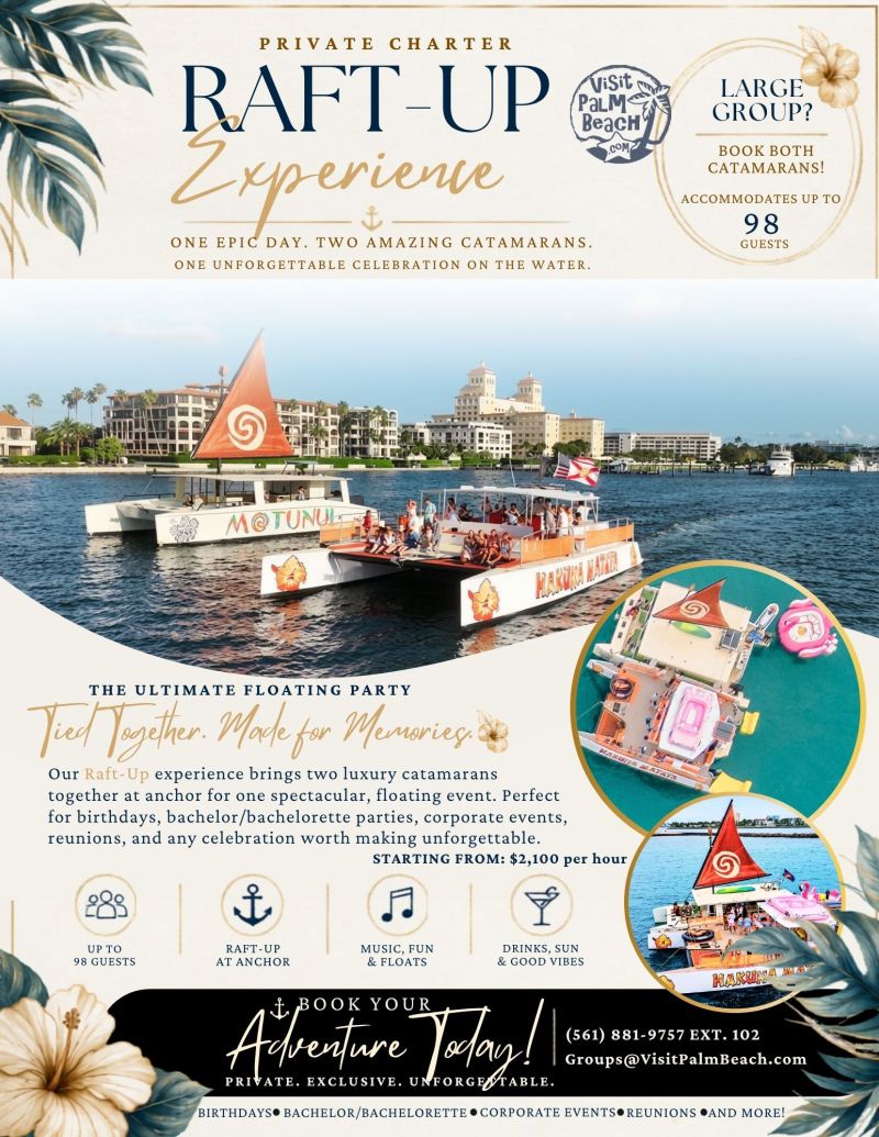 Flyer for private catamaran charter for raft-up experience with party theme.