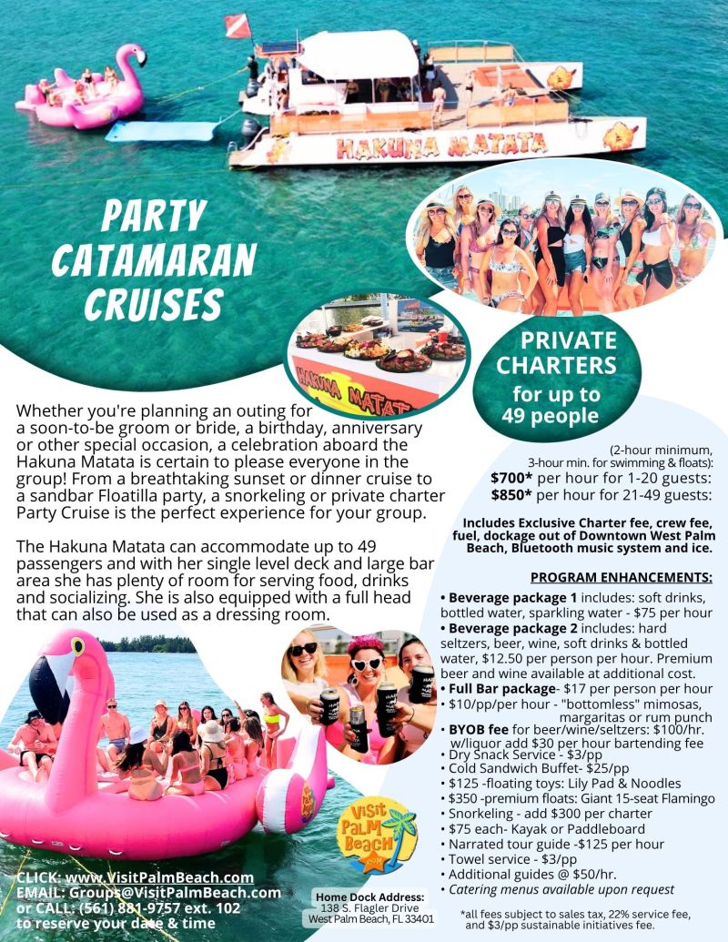 Party Catamaran Cruises with group photos, pink flamingo float, and price details.