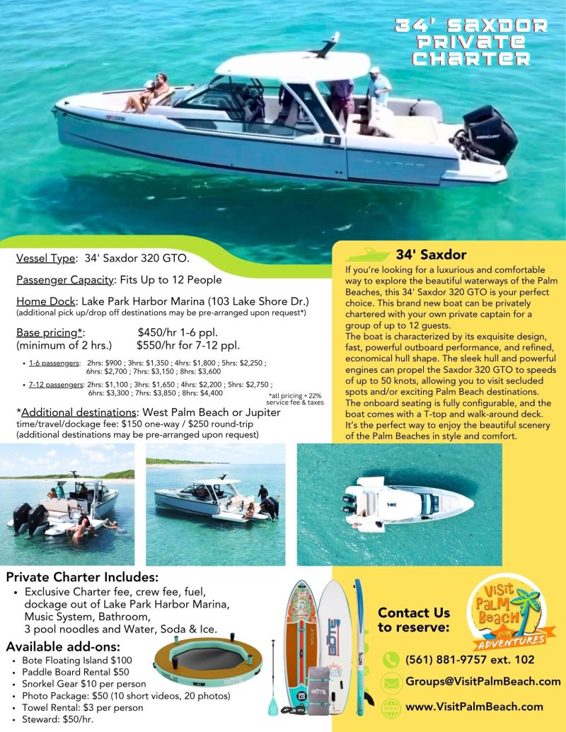 Saxdor private boat charter with Visit Palm Beach