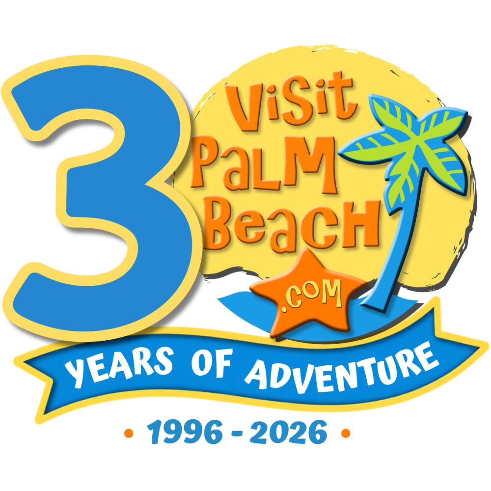 Logo with 'Visit Palm Beach' and '30 Years of Adventure 1996-2026' with palm tree and sun design.