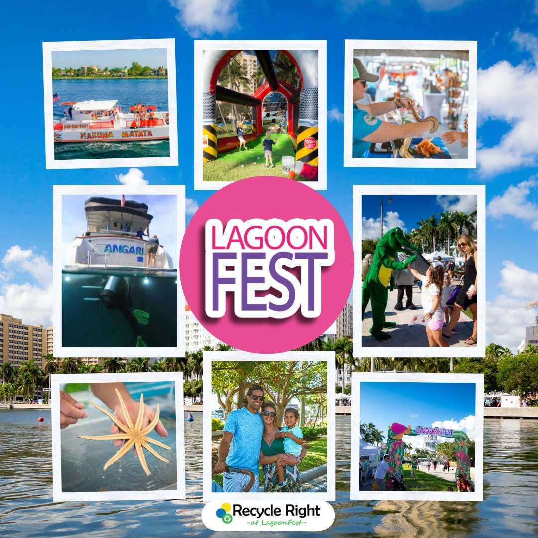 Collage of Lagoon Fest with people, water activities, boats, and a recycling logo in a park setting.