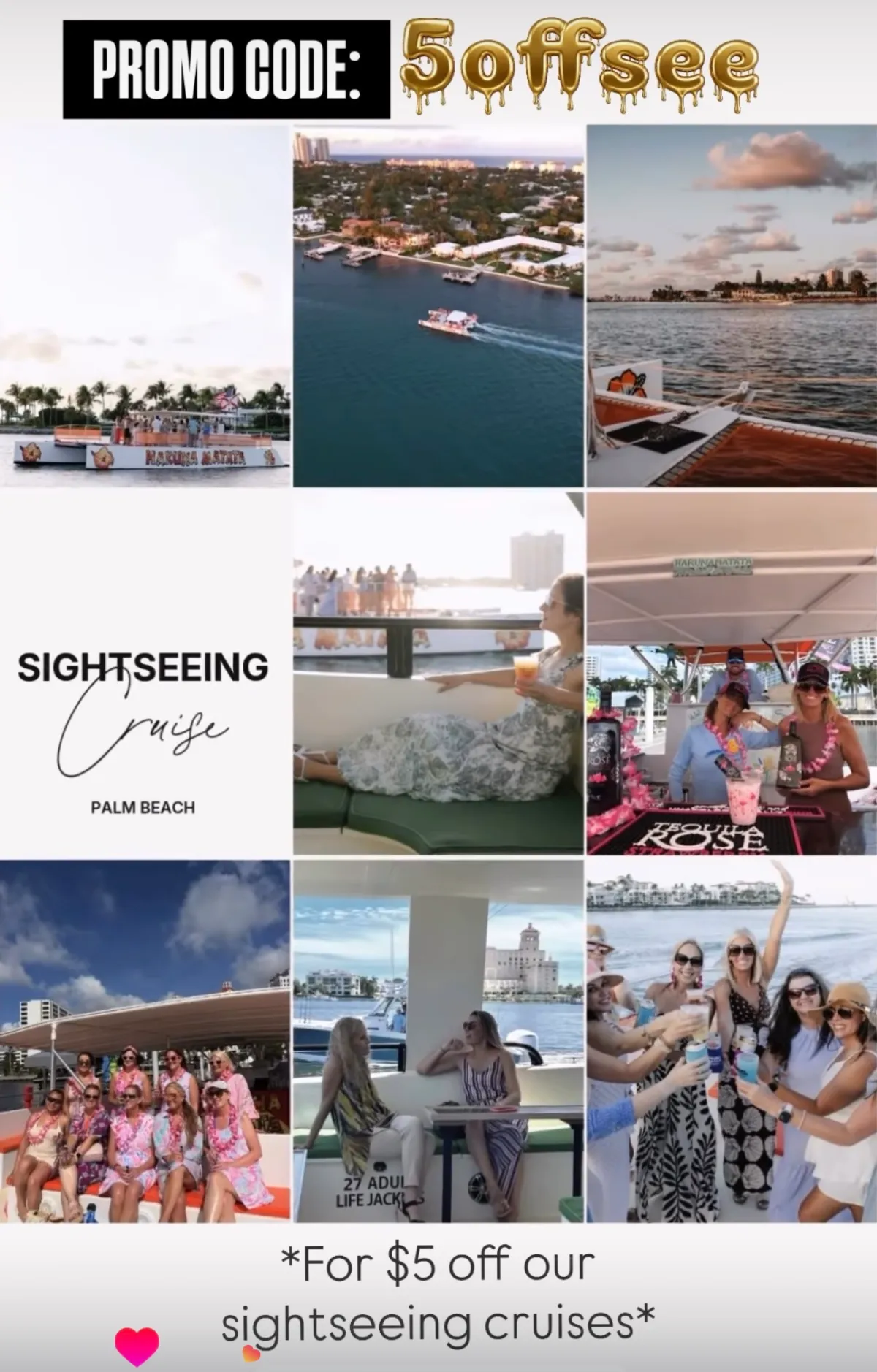 Collage of sightseeing cruise images with promo code 5offsee.