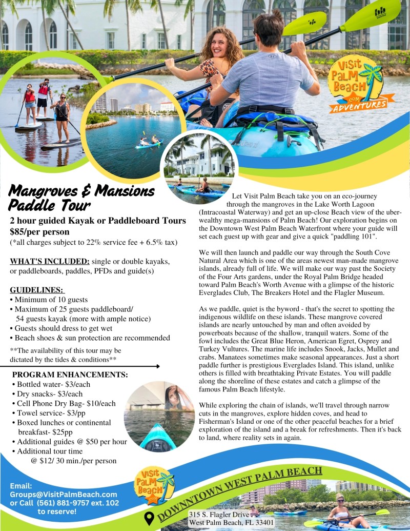 Colorful flyer promoting 2-hour kayak tours with images of kayakers and scenic views.