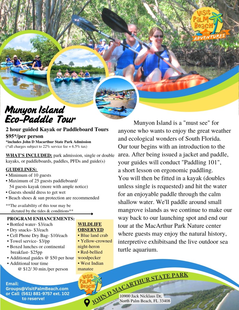Flyer for paddle tour with image of people kayaking on water, details of the tour, and contact info.