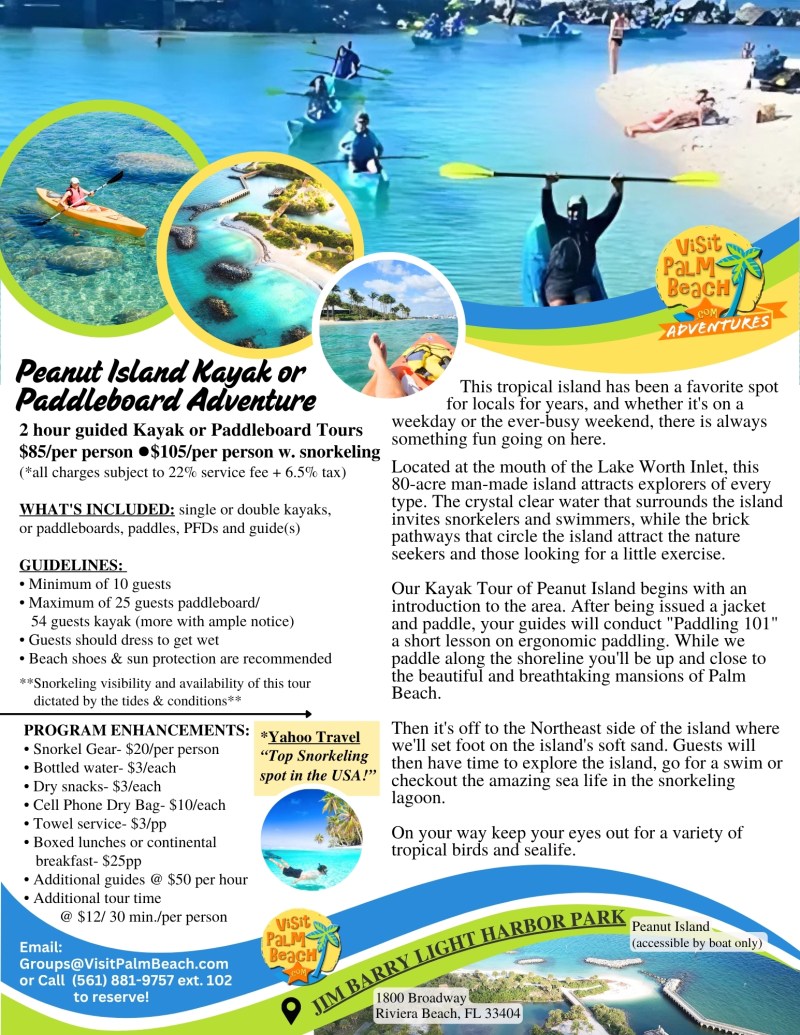 Colorful flyer for Peanut Island Kayak Adventure, detailing tour info, enhancements, and local flora and fauna.