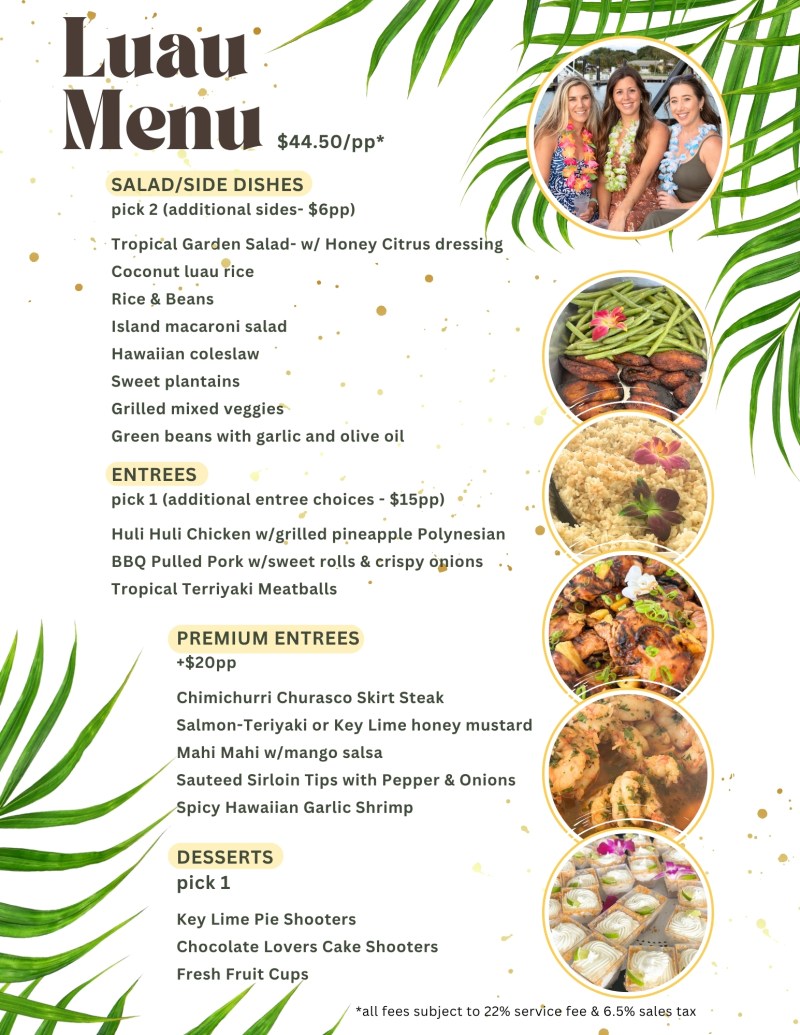 Visit Palm Beach Luau Menu for Catamaran Cruises